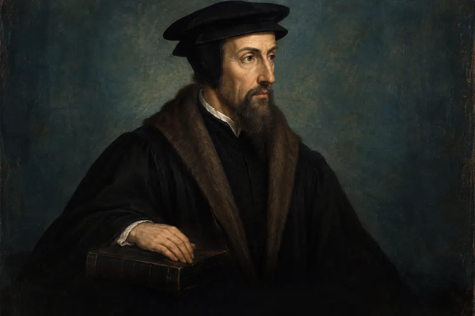 John Calvin as a 16th-century Genevan panel portrait, in a black gown and skullcap, narrow face with a pointed beard, hand on a book, painted not photographic