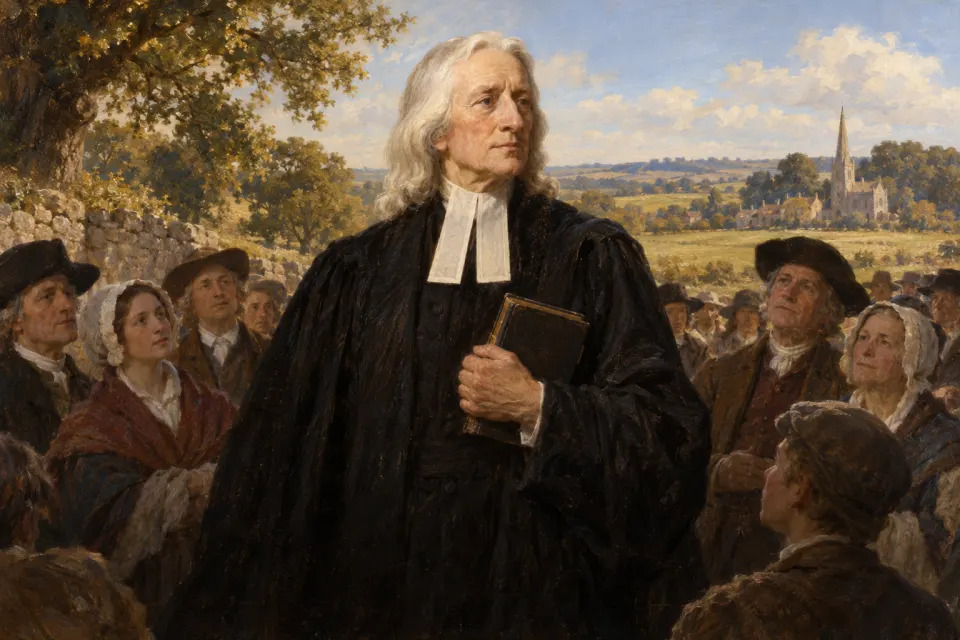 John Wesley as an 18th-century English oil portrait, in black clerical gown and white bands, holding a Bible, an open field with a gathered crowd behind, painted not photographic