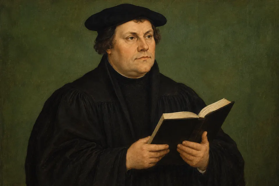 Illustration · AI-generated Martin Luther as a 16th-century German panel portrait in the Cranach manner, in a dark scholar's gown and cap, holding an open Bible, plain green ground, painted not photographic