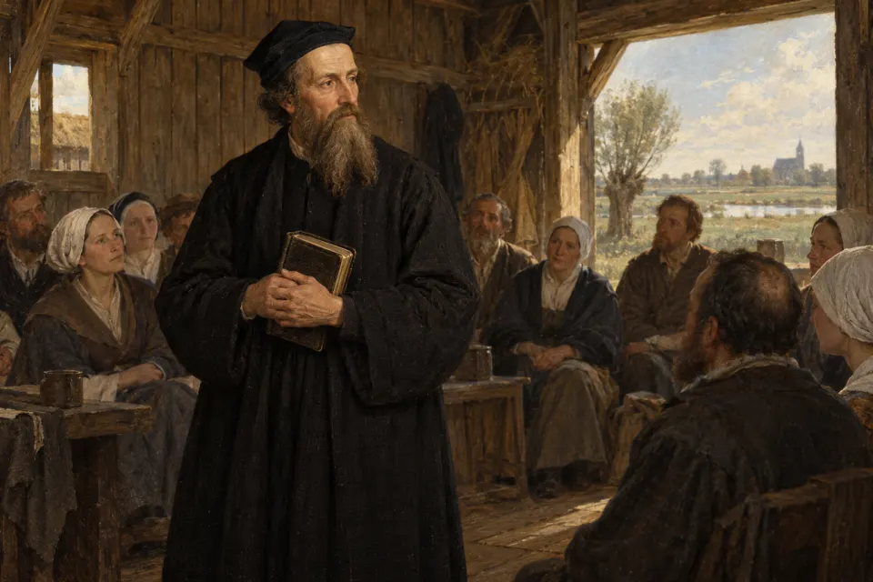 Illustration · AI-generated Menno Simons as a 16th-century Dutch panel portrait, in plain dark dress with a Bible, a small barn meeting of simple folk glimpsed behind, painted not photographic