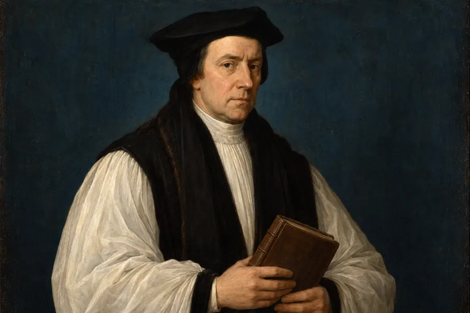 Illustration · AI-generated Thomas Cranmer as a 16th-century English panel portrait, archbishop in black chimere with white lawn sleeves and square cap, a book in hand, painted not photographic