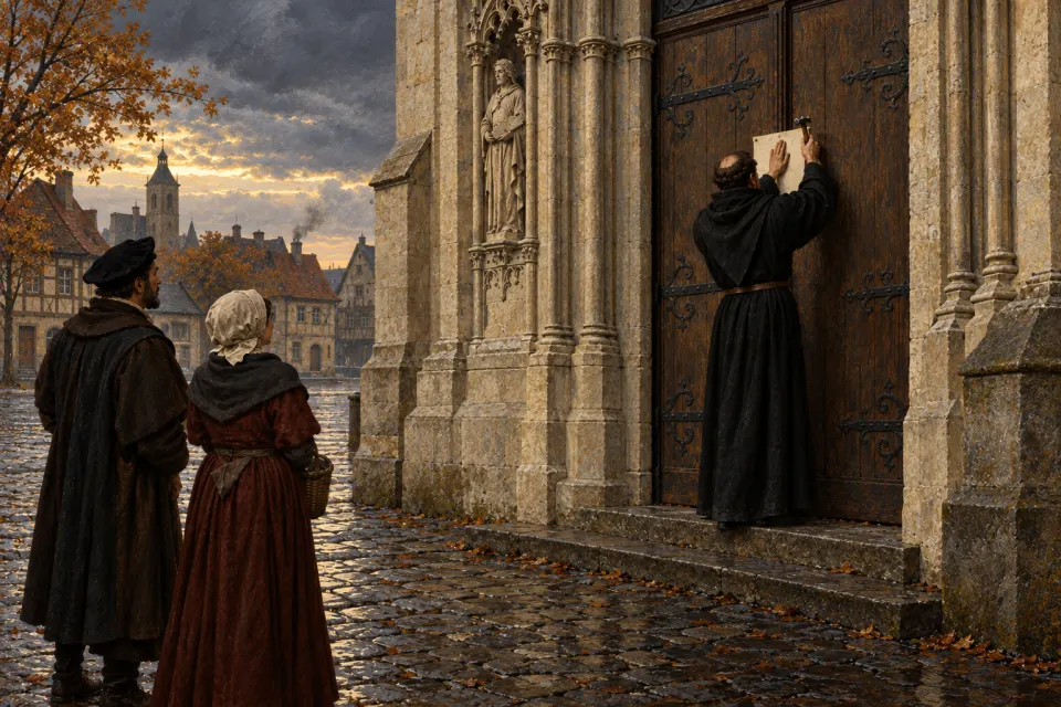 A friar in a black Augustinian habit, seen from behind, nailing a sheet to the great wooden door of the Castle Church in Wittenberg, 31 October 1517, townspeople watching, storm sky at dawn