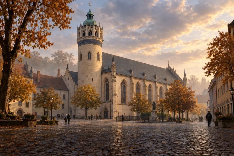 The Castle Church in Wittenberg from the town side, its tall tower with copper cupola, cobbled square and autumn mist, a few visitors small in the frame, grey early morning light