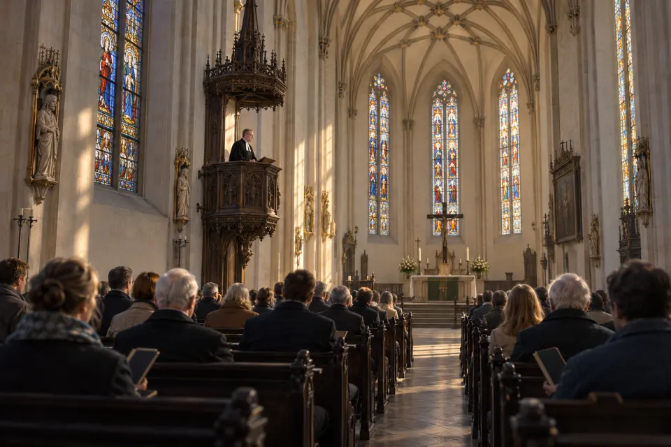 A Sunday service in the Castle Church, Wittenberg, a pastor in black gown preaching from the pulpit, a congregation in present-day dress with hymnbooks, soft morning light in tall windows