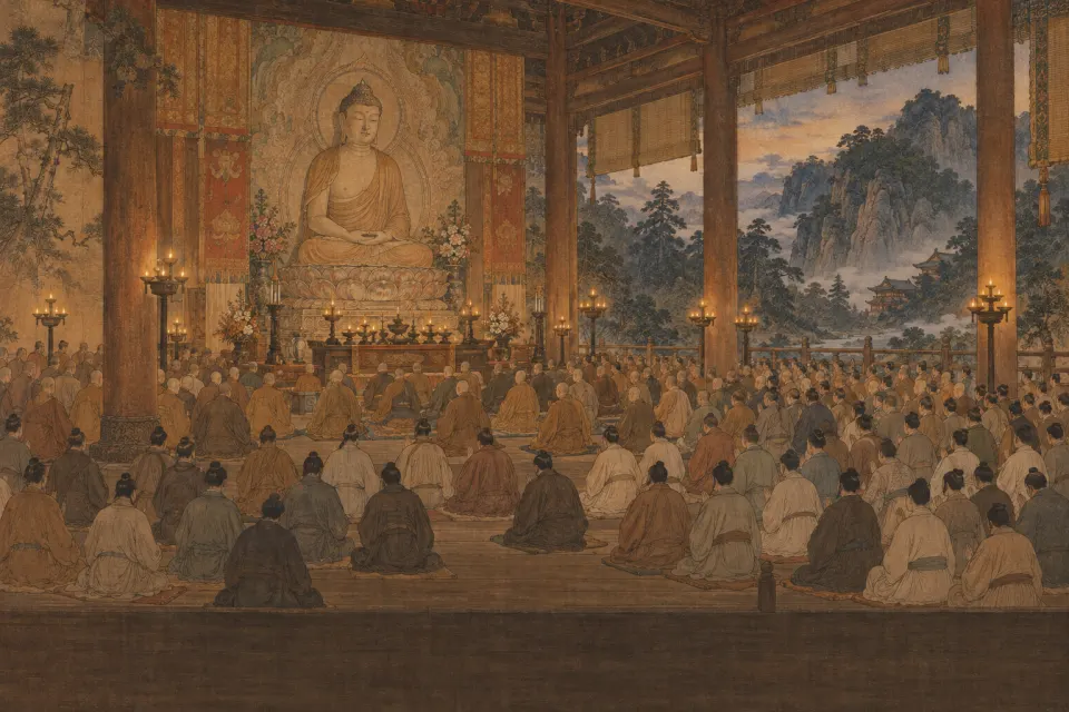 Over a hundred monks and laypeople kneeling before an image of Amitābha at Donglin monastery, Mount Lushan, taking a collective vow in 402, as a Chinese handscroll, lamp-lit hall