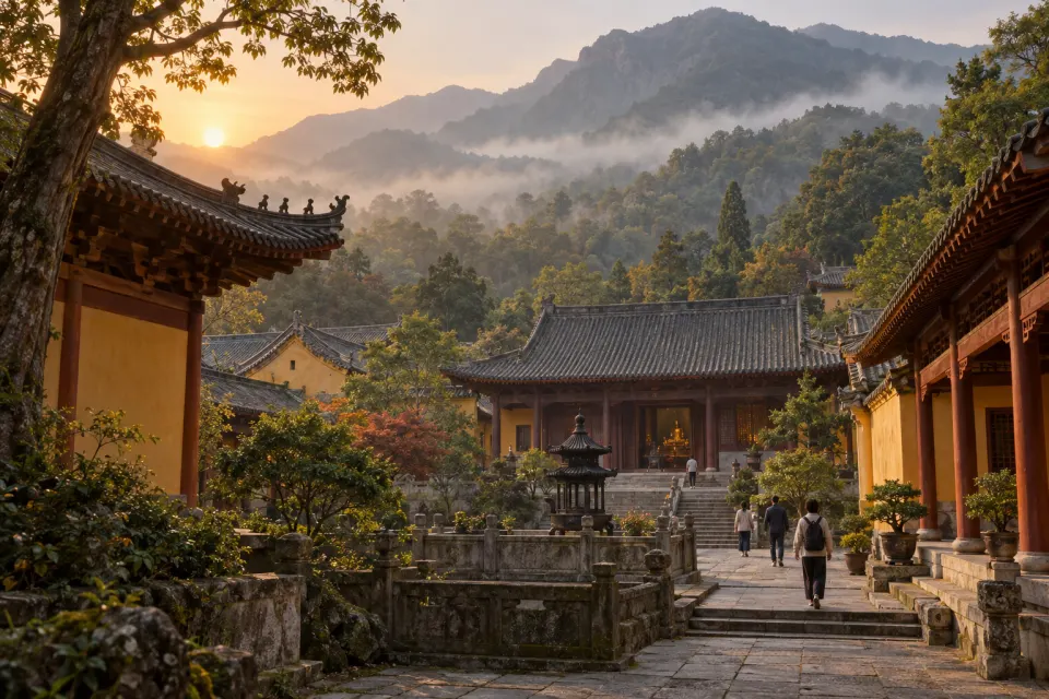 Donglin Temple on Mount Lushan, Jiangxi, tiled temple halls among forested ridges in drifting mist, a few visitors on a stone path, soft morning light