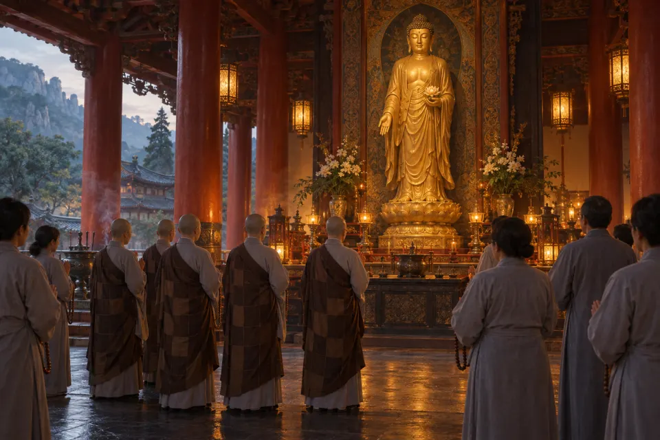 Chinese nuns and lay Buddhists in grey robes reciting Amitābha's name with prayer beads before a golden Amitābha image in Donglin Temple, Mount Lushan, lamplight and incense