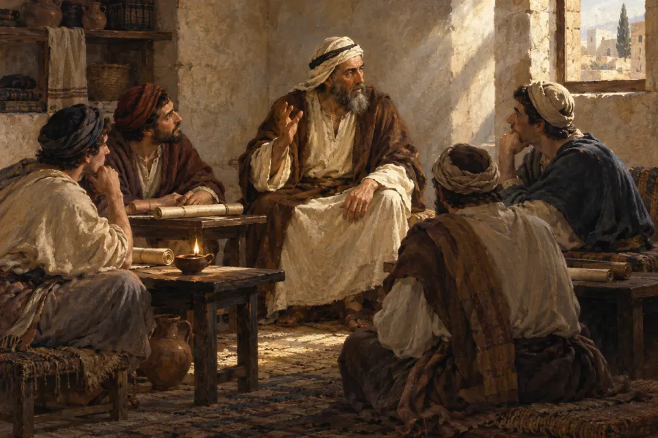 Illustration · AI-generated Akiva ben Yosef seated among students in a 2nd-century Judean study house, one hand raised in teaching, scrolls around him, as a 19th-century oil painting, window light