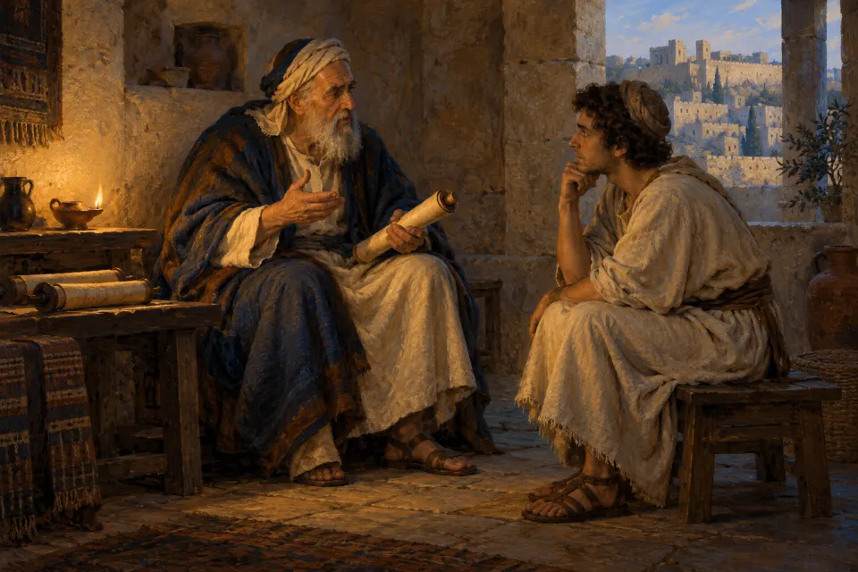 Illustration · AI-generated Hillel the Elder seated teaching a young disciple in a Jerusalem study house, scroll in hand, as a 19th-century Jewish genre painting, 1st century BCE robes, warm lamplight