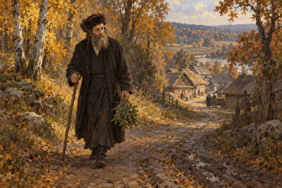Illustration · AI-generated The Baal Shem Tov, a healer in kaftan and fur cap with a bundle of herbs, on a forest road in Podolia toward a wooden village, as a 19th-century Jewish folk painting, soft autumn light