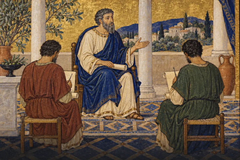 Judah ha-Nasi in Roman-era Galilean dress dictating to scribes in a Sepphoris villa courtyard with a mosaic floor, as a 14th-century Hebrew manuscript illumination on gold leaf