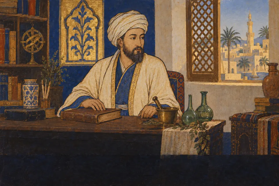 Maimonides in physician's robe and turban at a table in Fustat, Egypt, with a Mishneh Torah volume, a mortar and glass flasks, as a 14th-century Sephardi Hebrew manuscript illumination