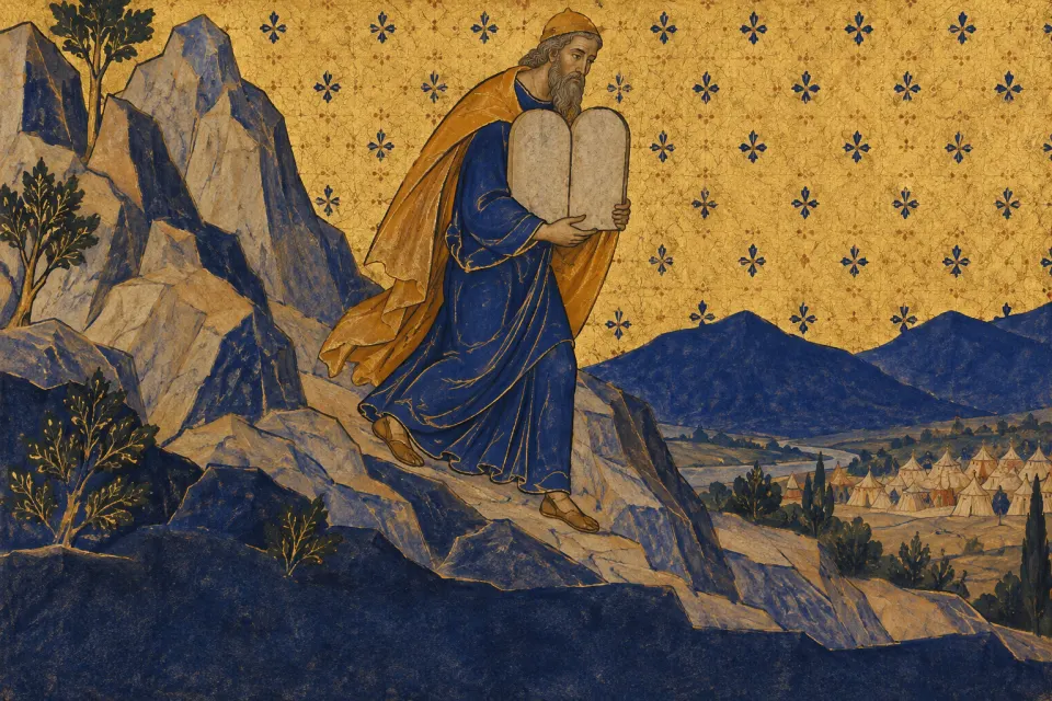 Moses carrying two stone tablets down Mount Sinai in a long robe and mantle, as a 14th-century Catalan Hebrew Haggadah illumination on a patterned gold-leaf ground, face painted and flat