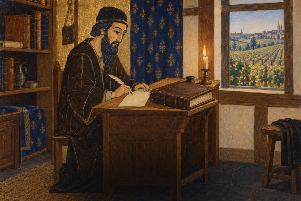 Rashi seated at an angled desk with quill and a large Talmud codex in a Troyes study, vineyards of Champagne in the window, as a 15th-century Ashkenazi illuminated manuscript, candlelight