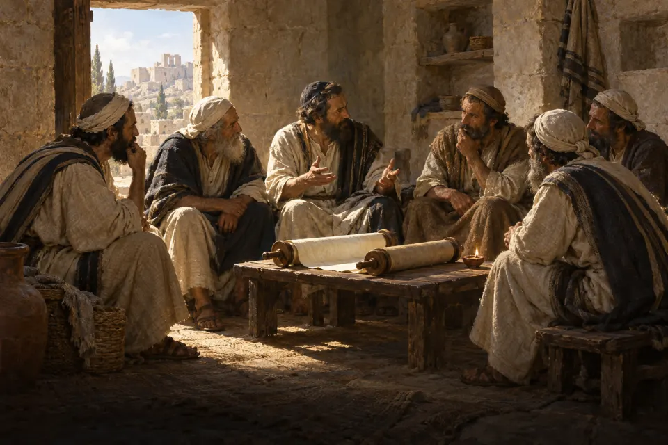 Sages in simple Judean robes seated on benches around Torah scrolls in a small academy room at Yavneh, c. 70 CE, shafts of hard noon sun through the doorway, as a 19th-century academic oil painting