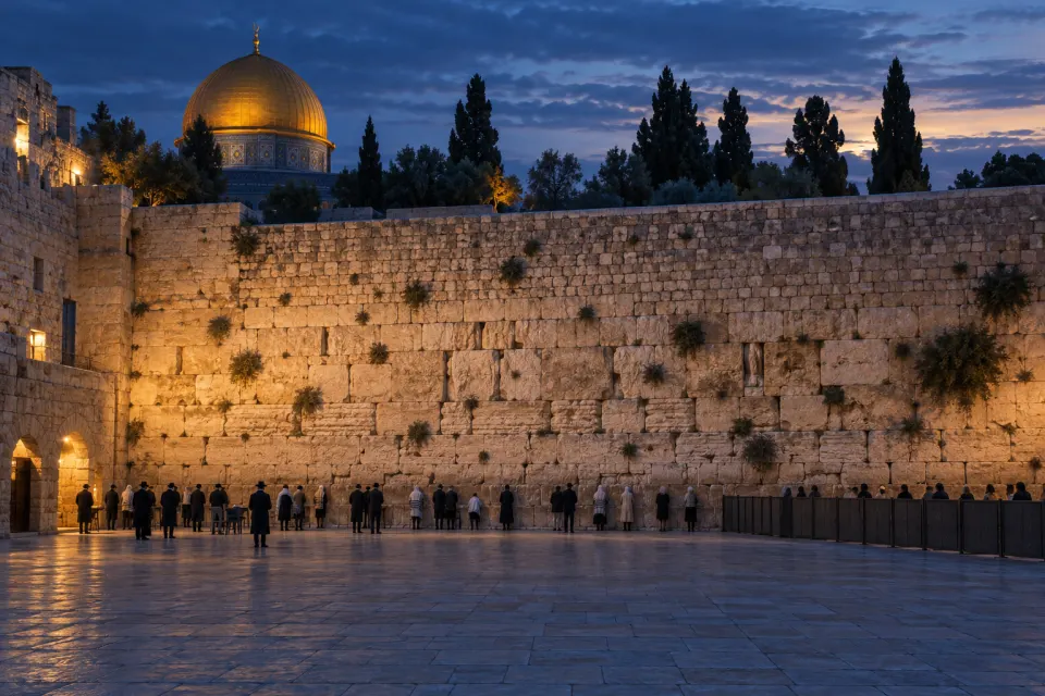 The Western Wall of Jerusalem's Old City: Herodian stone courses, worshippers at prayer in the plaza seen small, the golden Dome of the Rock above, blue pre-dawn light