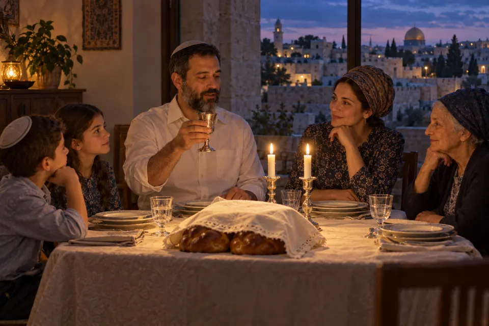 A family in present-day dress in a Jerusalem home at Friday dusk: candles lit, a wine cup raised for kiddush, two challah loaves under a cloth, warm candlelight, calm lower frame