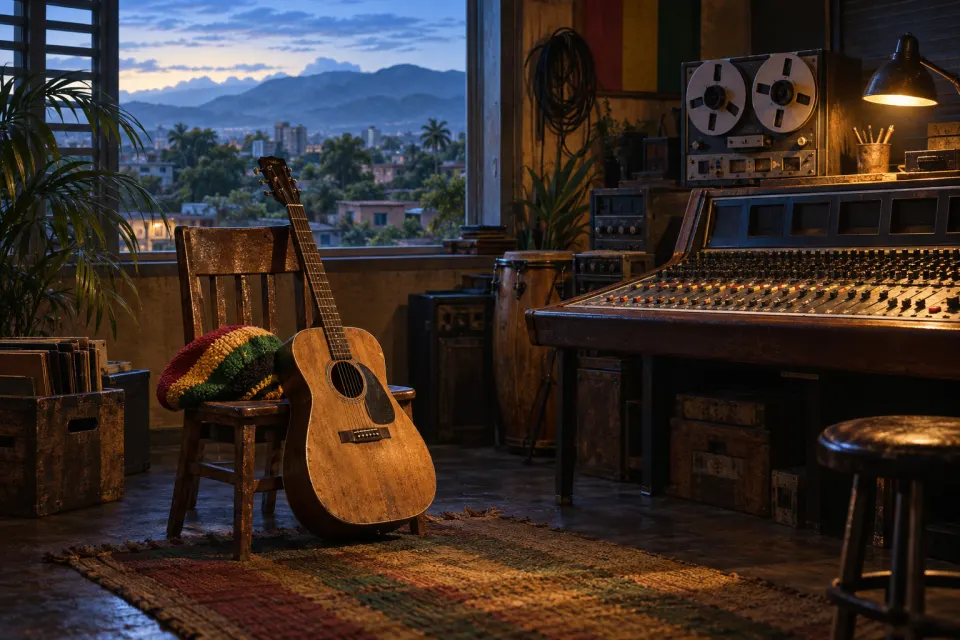 A 1970s Kingston recording studio: an acoustic guitar on a chair beside a mixing desk and a red-gold-green knitted tam, window onto the green hills of St Ann, no figures, blue dawn