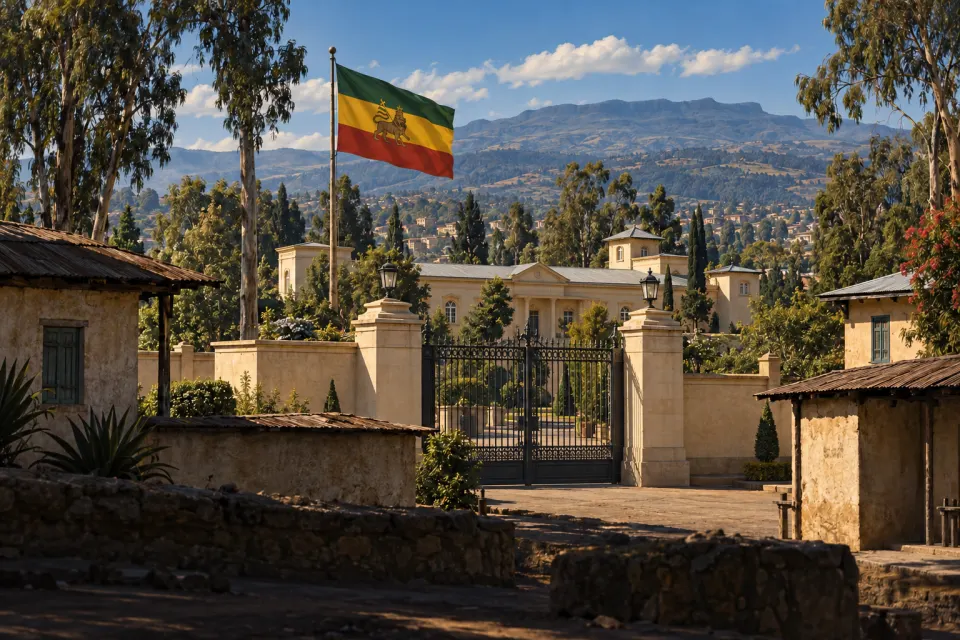 Addis Ababa in the 1930s seen over its rooftops and eucalyptus, a red-gold-green Lion of Judah flag above the palace gates, no figures, hard noon sun