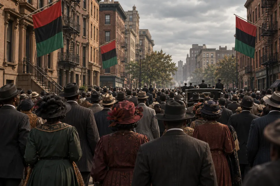A Harlem avenue in the 1920s with a crowd seen from behind beneath red, black and green Universal Negro Improvement Association banners and a parade car, no faces, overcast silver-grey afternoon