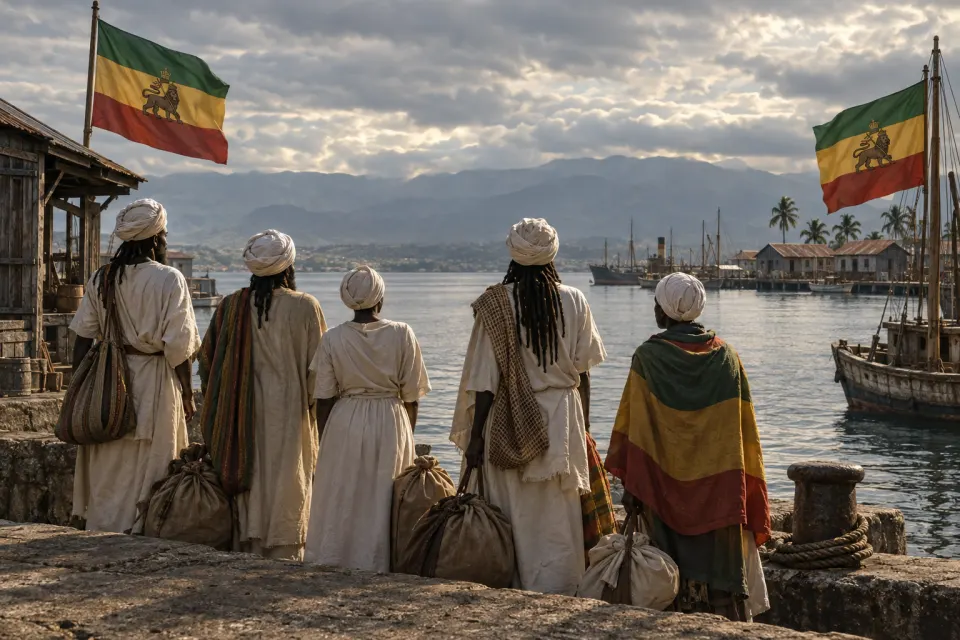 Illustration · AI-generated Kingston harbour in 1958, a crowd with bundles and white turbans seen from behind at the quay, gazing across the water toward Africa, Lion of Judah flags, overcast morning