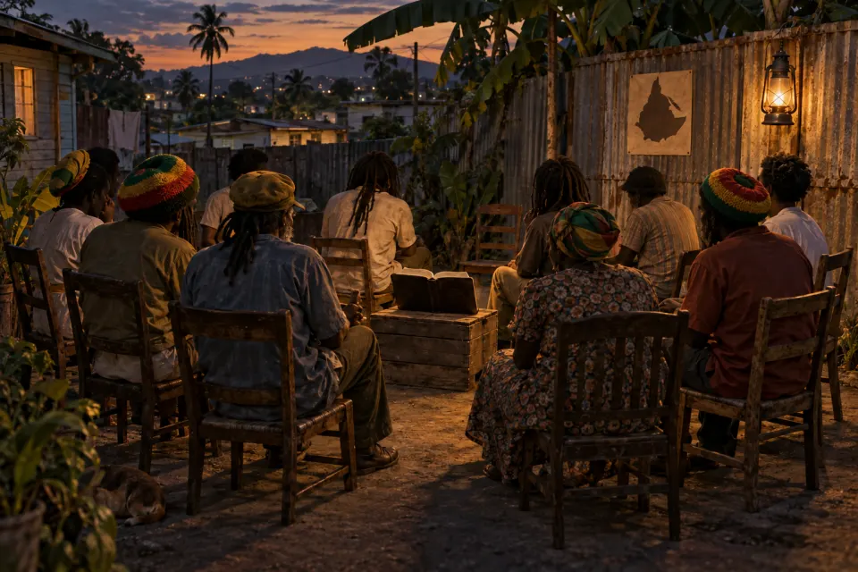 Illustration · AI-generated A Kingston yard in the late 1960s: Rastafari in red-gold-green tams seen from behind at a meeting, an open Bible and a map of Ethiopia pinned to a zinc wall, twelve chairs in a ring, dusk lamplight
