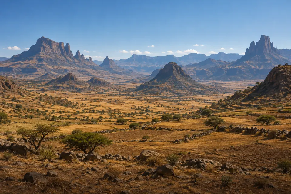 The sandstone peaks and plain of Adwa in Tigray, Ethiopia, 1896, a rock-hewn Orthodox church on a ridge, open ground empty of figures, hard noon sun under a wide sky