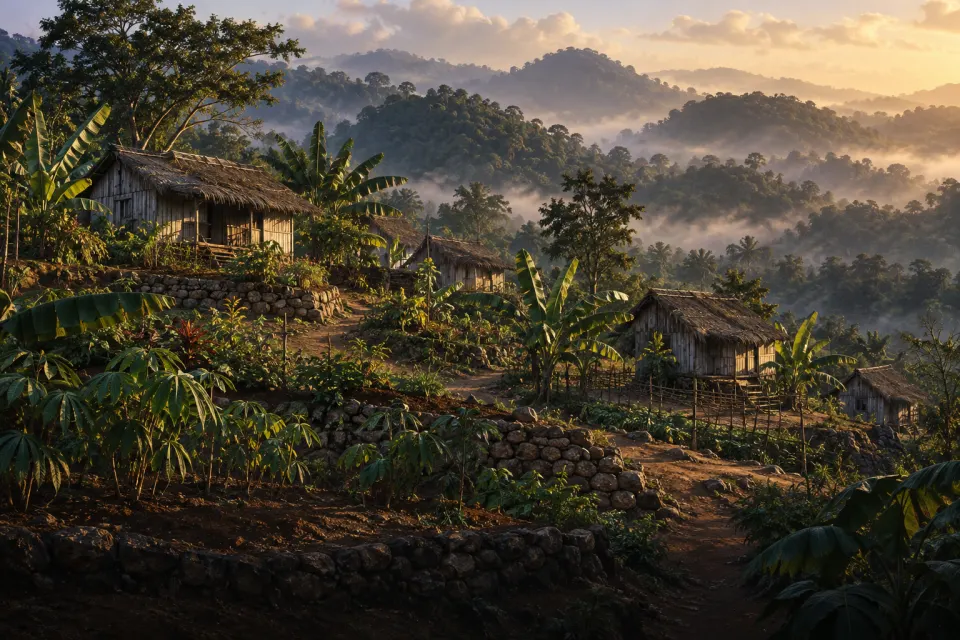 The hills near Sligoville above Spanish Town, St Catherine, Jamaica, 1940s: terraced gardens of banana and cassava and a few board-and-thatch huts of a hilltop commune, misty dawn, no faces