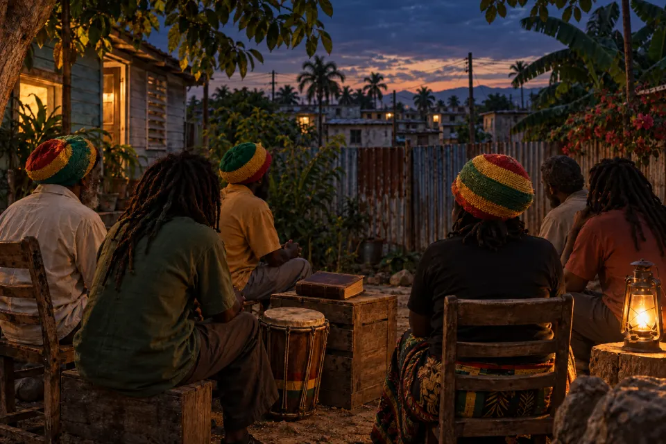 A reasoning in a Trench Town yard, Kingston: a small circle of Rastafari in red-gold-green tams, dreadlocks seen from behind, a Bible open on a crate and a nyabinghi drum, zinc fences, dusk lamplight