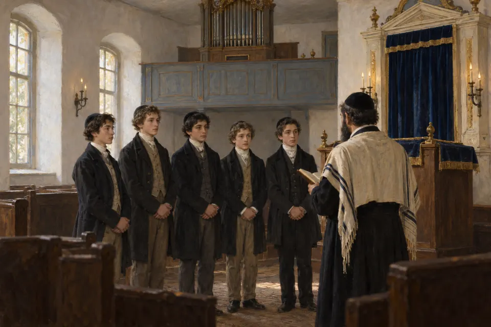 Boys and girls standing together in a small whitewashed chapel at Seesen, 1810, a pipe organ and choir loft, a confirmation class in white and dark clothes, as a Biedermeier oil painting, soft light