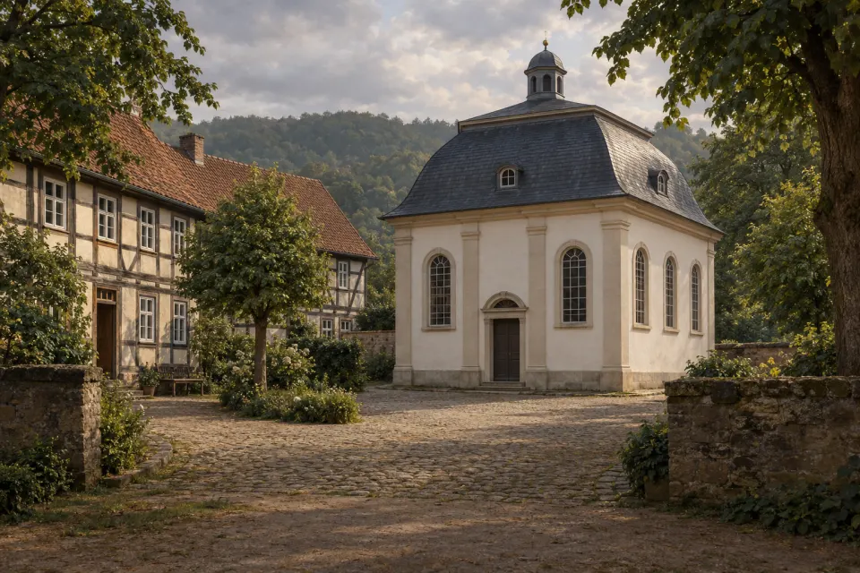 The Jacobson school in Seesen, Lower Saxony, early 19th century: a small neoclassical chapel with a modest tower beside half-timbered school buildings among linden trees, soft overcast light