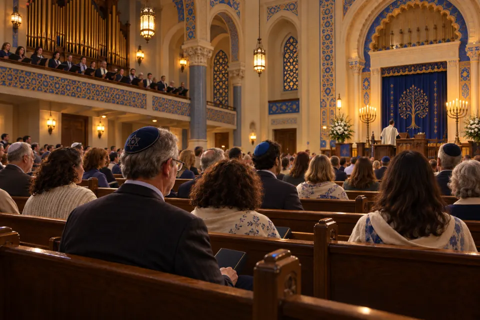A mixed congregation in a Reform temple in Cincinnati, men and women seated together, choir and organ behind, bilingual Hebrew-English prayer books in hand, present-day dress, warm light