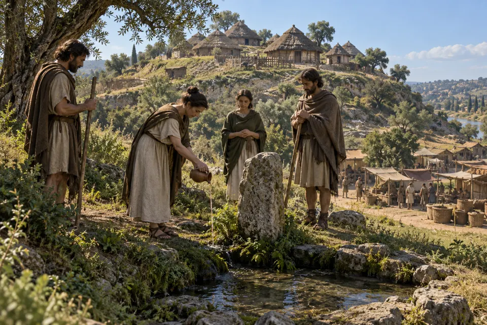 Latin and Sabine villagers pouring a libation at a boundary stone beside a spring below thatched huts on the Palatine, c. 600 BCE, early market stalls in the Forum valley, hard clear daylight