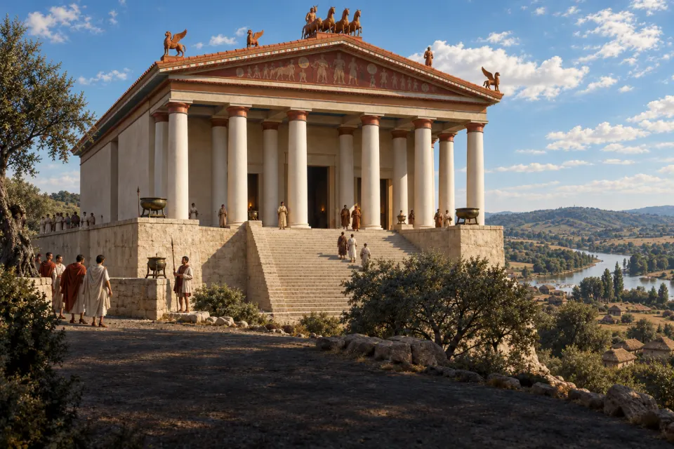 The early temple of Jupiter Optimus Maximus on the Capitoline Hill, wide Etruscan-style porch and terracotta figures on the roof ridge, steps below, hard clear daylight over the Tiber valley