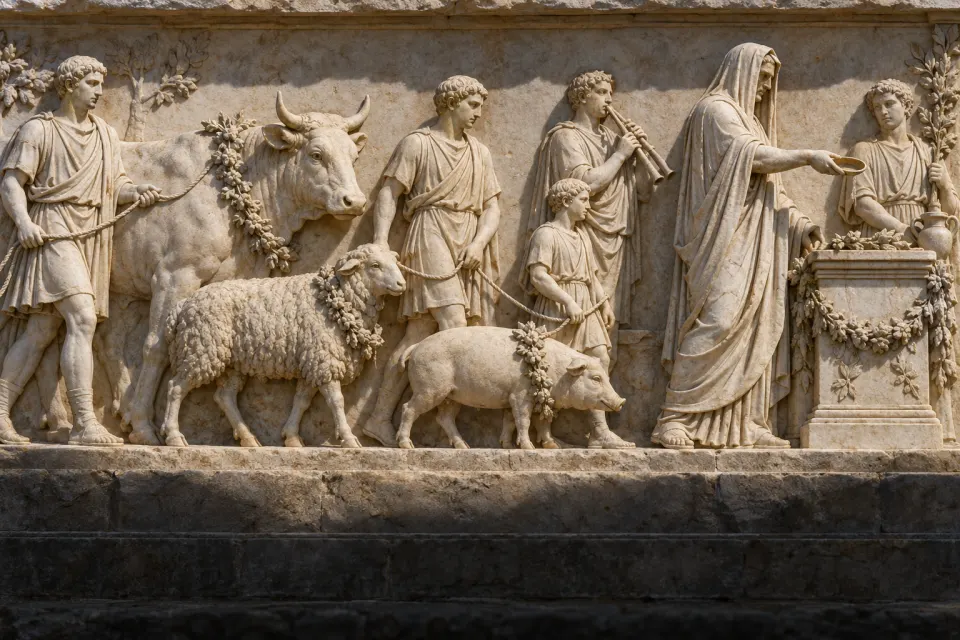 A Roman magistrate with his toga drawn over his head praying at an altar, a pig, sheep and ox led by attendants, a flute-player, as a Roman marble relief, hard clear daylight