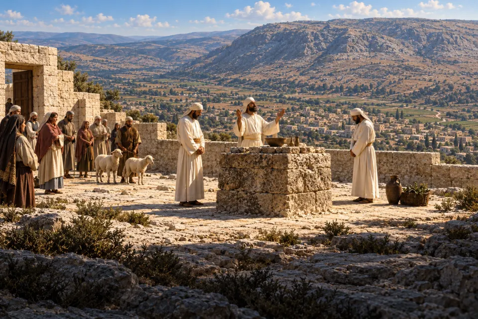 A limestone sanctuary precinct on the summit of Mount Gerizim in the Persian period, priests in white linen at a stone altar, pilgrims with lambs, the Nablus valley below, hard noon sun