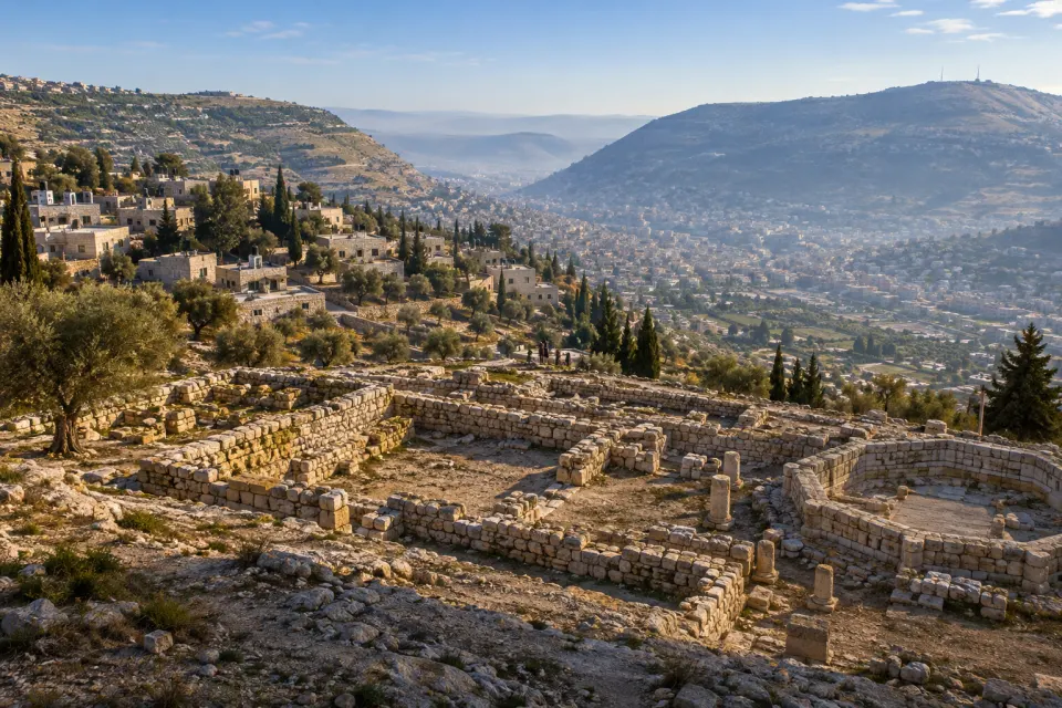Mount Gerizim above Nablus: the stone houses of Kiryat Luza on the terraced slope, the ruined temple site on the summit, spring haze over the valley, clear morning light