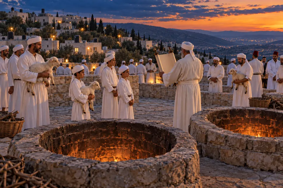 Samaritan men and boys in white robes gathered around fire pits and held lambs on the slope of Mount Gerizim, a priest reading from a scroll, dusk light, no blood shown