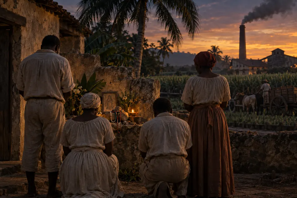 A Cuban sugar plantation in the 1840s: a barracón and mill chimney at dusk, a group of enslaved Lucumí seen from behind at a small altar of stones and beads beside a Catholic saint's image, lamp-lit