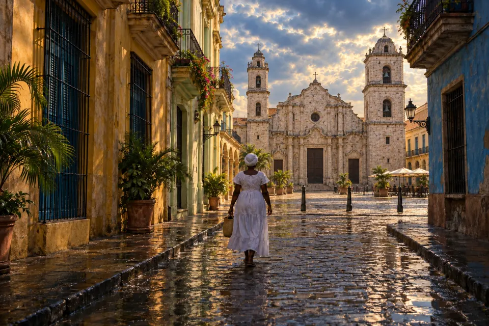 Old Havana, Cuba: crumbling pastel colonial facades along a narrow street towards a cathedral square, a woman in white seen from behind, heavy tropical afternoon light after rain