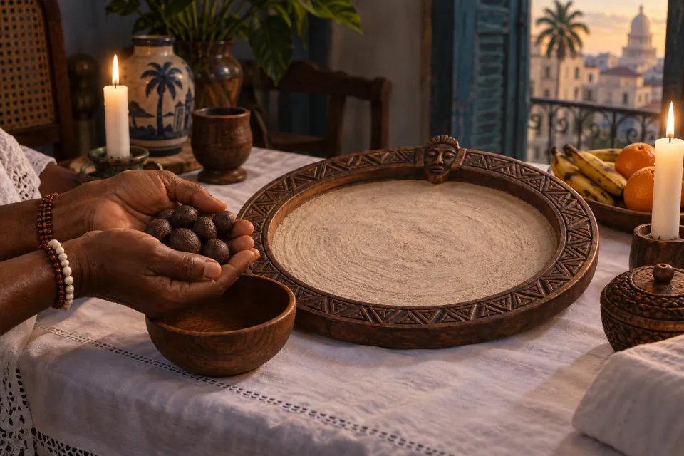 Hands of a babalawo casting consecrated palm nuts on a wooden board dusted with powder, a white-clothed table with fruit offerings in a Havana home, no face, candlelit