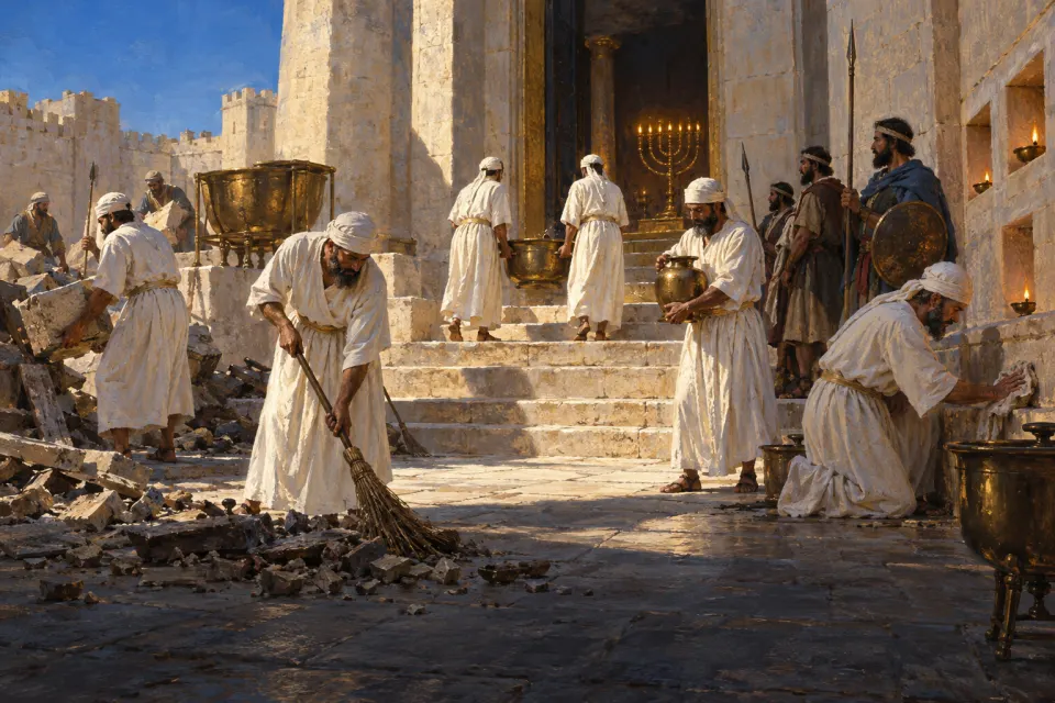 Judean fighters and priests in Hellenistic tunics and cloaks cleansing and rededicating the Temple court in Jerusalem, 164 BCE, lit lamps along the walls, as a 19th-century academic painting, hard noon sun