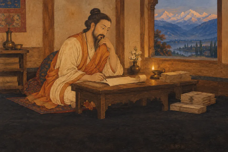 Illustration · AI-generated Abhinavagupta, a Kashmiri scholar writing at a low desk among birch-bark leaves, snow mountains beyond, as a Kashmir Pahari miniature, lamp-lit study