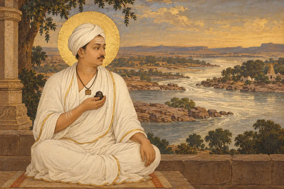 Basava, a minister at King Bijjala's Kalyāṇa court, with a small Śiva liṅga at his chest, by two meeting rivers, as a 19th-century Mysore school painting