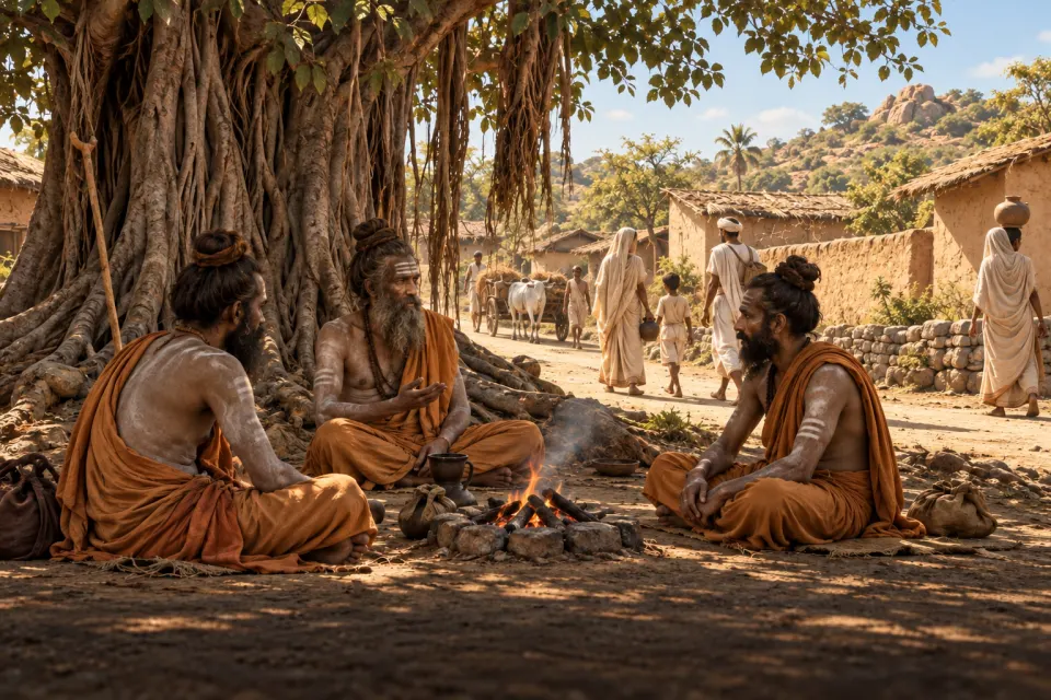 Ash-smeared Pāśupata ascetics with matted hair sitting by a small fire beneath a tree at a village road, villagers passing warily, 1st century BCE India, hard noon sun