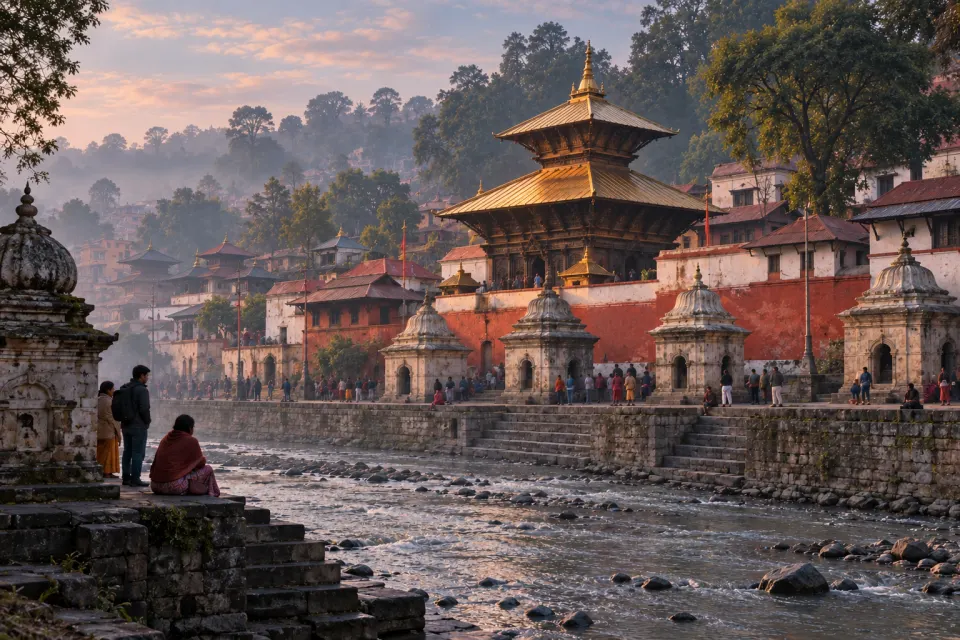 The gilt pagoda roof of Pashupatinath Temple above the Baghmati River, Kathmandu Valley, stone embankments and pilgrims on the far bank, soft misty dawn