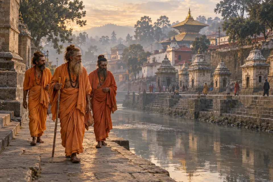 Śaiva sādhus smeared with ash and with matted hair, in saffron cloth, walking a ghat of the Baghmati River at Pashupatinath, Nepal, present day, misty morning light