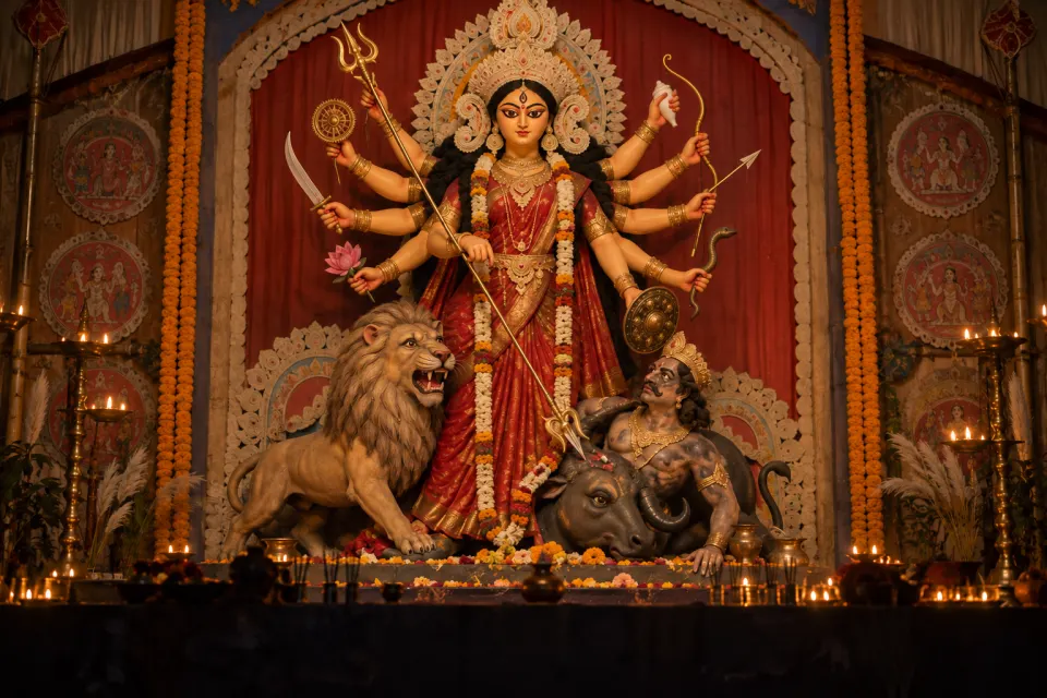 Illustration · AI-generated Durgā, ten-armed with weapons, riding her lion and slaying the buffalo-demon Mahiṣāsura, as a Bengal clay pratimā of Durgā Pūjā with painted eyes and gold ornaments