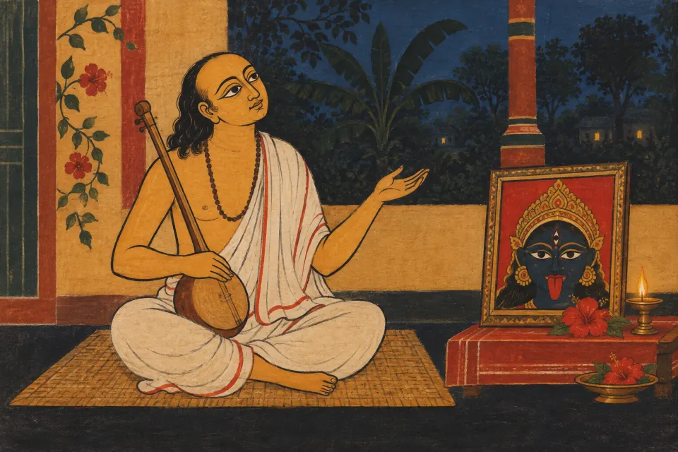 Illustration · AI-generated Rāmprasād Sen, a Bengali poet-devotee in a white dhoti, seated singing beside a small image of Kālī, as a 19th-century Bengal patachitra scroll painting, lamp-lit evening