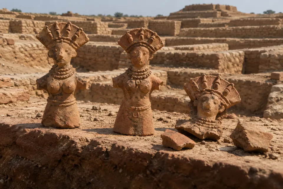 Small Indus terracotta female figurines with fan headdresses lying on baked brick in an excavated Indus city, hard noon sun, archaeologists' trench edge only, c. 2600 BCE